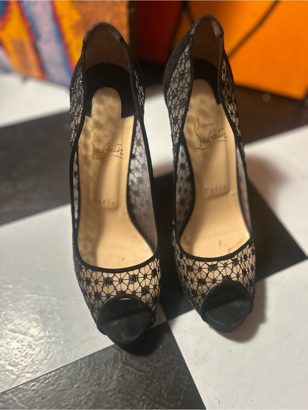 Louis Vuitton Black Lace Peep-Toe Heels